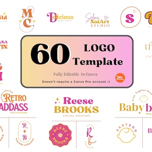 60 Retro Logo Templates - Small Business Logo Design bright Colorful Canva Templates - Coach -  podcast - cake shop - nail artist & more ..