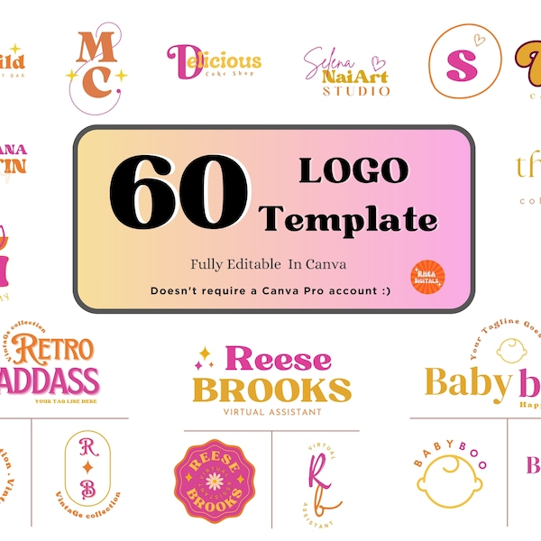 60 Retro Logo Vorlagen - Small Business Logo Design hell Bunt Canva Templates - Coach - Podcast - Cake Shop - Nageldesigner & mehr..