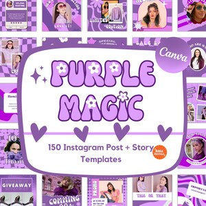 May include: A collection of 150 Instagram post and story templates in a purple color scheme. The templates feature various designs with flowers, hearts, and geometric patterns. The text "PURPLE MAGIC" is displayed in a large, stylized font.