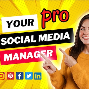 Op de afbeelding: Een vrouw glimlacht en wijst naar de tekst "Your Pro Social Media Manager" met een gele achtergrond en een ontwerp in comic-stijl. Onder de tekst staan ​​social media-pictogrammen voor Instagram, Pinterest, Facebook, Twitter en LinkedIn.