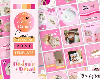 Pink Instagram Post Templates | Groovy Social Media Templates | Retro Canva Template | Fun Instagram Post, IG Branding, 01DAD RheaDigitals