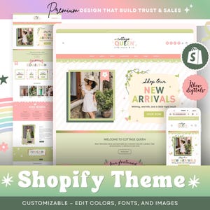 Op de afbeelding: Een roze en groene Shopify-themaontwerp voor een online winkel met een cottage-thema. Het ontwerp heeft een bloemenmotief, een speels lettertype en een call-to-action om nieuwe aankomsten te winkelen. De tekst "Shop Our New Arrivals" wordt weergegeven in een groot, vet lettertype.
