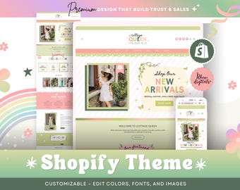Cottagecore Shopify Theme Light Pink & Sage Green, ecommerce best seller theme  diy Canva Banners CQ01