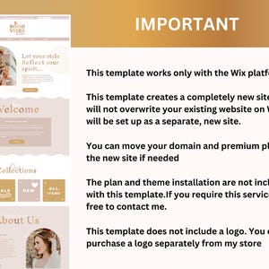 May include: A screenshot of a website template for a boho-style online shop. The template features a light brown background with a light pink header and footer. The header includes the text "boho vibes" and the footer includes the text "about us". The website template is designed for use with the Wix platform.