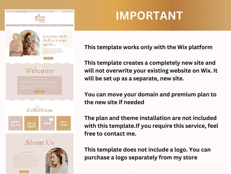 May include: A screenshot of a website template for a boho-style online shop. The template features a light brown background with a light pink header and footer. The header includes the text "boho vibes" and the footer includes the text "about us". The website template is designed for use with the Wix platform.