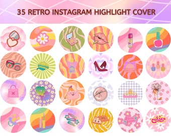 Retro Instagram Highlight Covers | 70s Retro Rainbow Set of 35 Digital Download | Groovy Abstract Instagram Highlights | Social Media Icons