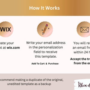 May include: A graphic showing how to transfer a Wix website template. The steps are: 1. Create an account at wix.com, 2. Write your email address in the personalization field to receive the template, and 3. Accept the transfer from the email you receive within 24 hours.