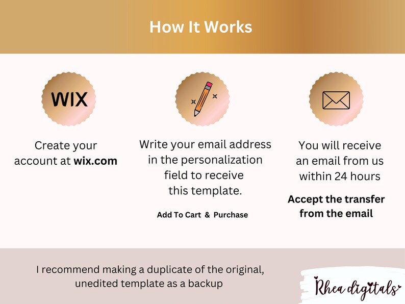 May include: A graphic showing how to transfer a Wix website template. The steps are: 1. Create an account at wix.com, 2. Write your email address in the personalization field to receive the template, and 3. Accept the transfer from the email you receive within 24 hours.