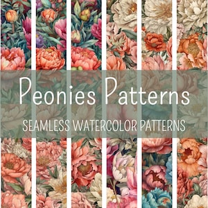 Pode incluir: Um conjunto de 10 padrões de aquarela sem costura com peônias rosa, brancas e pêssego com folhas verdes. Os padrões são perfeitos para criar designs digitais ou impressos.