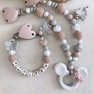 Pacifier chain with name girl stroller chain girl heart mouse butterfly silicone