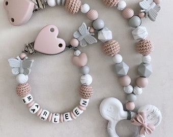 Schnullerkette mit Name Kinderwagenkette personalisiert Mädchen Herz Maus