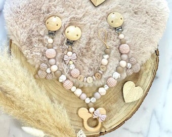 Schnullerkette mit Name Kinderwagenkette Set Mädchen personalisiert Mickey Maus  Schleife Holz Rosa Silikon