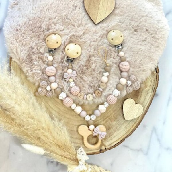 Schnullerkette mit Name Kinderwagenkette Set Mädchen personalisiert Mickey Maus  Schleife Holz Rosa Silikon