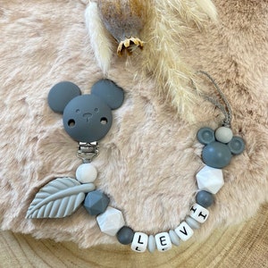 Schnullerkette mit Name Kinderwagenkette Set personalisiert Junge Maus dunkel grau Marmor hell grau Schnullerkette Name