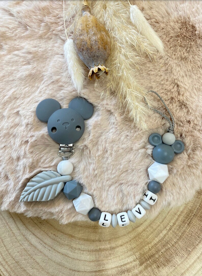 Schnullerkette mit Name Kinderwagenkette Set personalisiert Junge Maus dunkel grau Marmor hell grau Schnullerkette Name