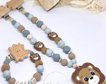 Schnullerkette mit Name Kinderwagenkette personalisiertes Set Junge Löwe Silikon Holz