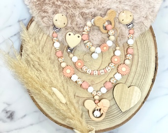 Schnullerkette mit Namen Kinderwagenkette Greifling Set Mädchen Personalisiert Maus Blume Silikon Holz Herz