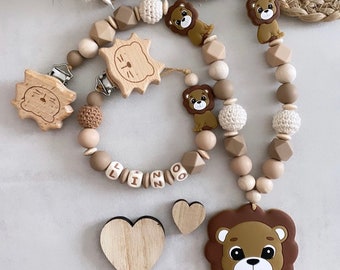 Schnullerkette mit Name Kinderwagenkette personalisiertes Set Junge Löwe Silikon Holz