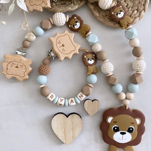 Pacifier chain with name stroller chain personalized set boy lion silicone