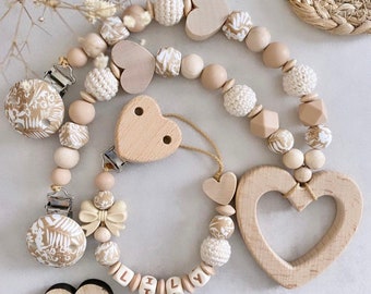 Schnullerkette mit Name Kinderwagenkette personalisiert Mädchen Herz Beige