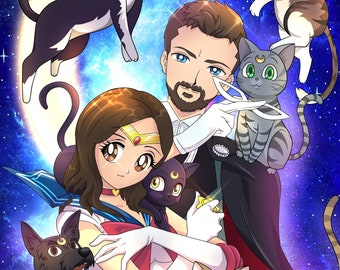 Custom Sailor Moon Inspired Portrait, Couple Anime Portrait, Family Anime Portrait,Manga Portrait, personalized anime drawing