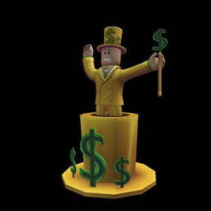 May include: A cartoon figure in a yellow suit and top hat, holding a dollar sign cane, emerging from a golden cylinder adorned with green dollar signs. The figure has a light skin tone and a neutral expression.