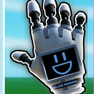 May include: A white robotic hand with a black screen displaying a blue smiley face. The text "AVI.EXE RUNNING." is on the wrist of the hand.