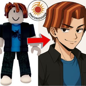 Könnte beinhalten: Eine digitale Illustration einer Comicfigur mit braunen Haaren und einem blauen Hemd. Die Figur trägt eine schwarze Jacke und eine blaue Jeans. Die Figur hat ein gestreiftes Muster in den Haaren.