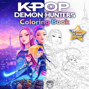 Może przedstawiać: Kolorowanka zatytułowana "KPOP DEMON HUNTERS Coloring Book" z ilustracjami postaci w stylu anime. Okładka zawiera żywe kolory i tekst "Includes 20 pages to color!"