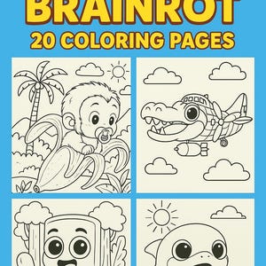 Peut inclure: Couverture d'un livre de coloriage avec le texte "BABY BRAINROT 20 COLORIAGES" en jaune et marron. Le livre présente quatre illustrations en noir et blanc de personnages de dessins animés, dont un singe dans une banane, un crocodile dans un avion, une tranche de pain et un requin.