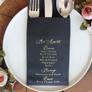 Benutzerdefinierte Servietten, Hochzeitsmenü, benutzerdefinierte Dekoration, Abendessen-Servietten, Abendkarte, formelles Abendessen