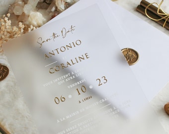 Modern Gold and White Wedding Invitation Set, Frosted Acrylic Invite, White Envelope