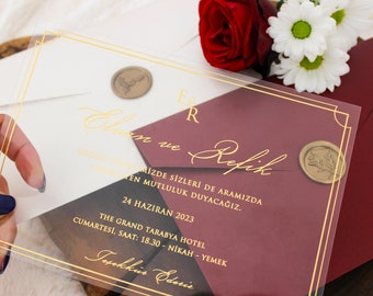 Acrylic Wedding Invitation, Gold Foil Invites, Burgundy Envelope, Cream Envelope, Modern Wedding Reception Invitations