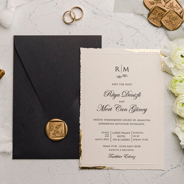 Elegant Wedding Invitation Suite with Black Envelope, Wax Seal, Rsvp and Details Card