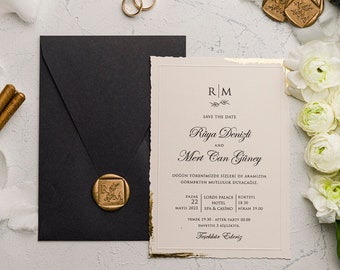 Elegante Hochzeitseinladungs-Reihe mit schwarzem Umschlag, Wachssiegel, Rsvp und Detailkarte