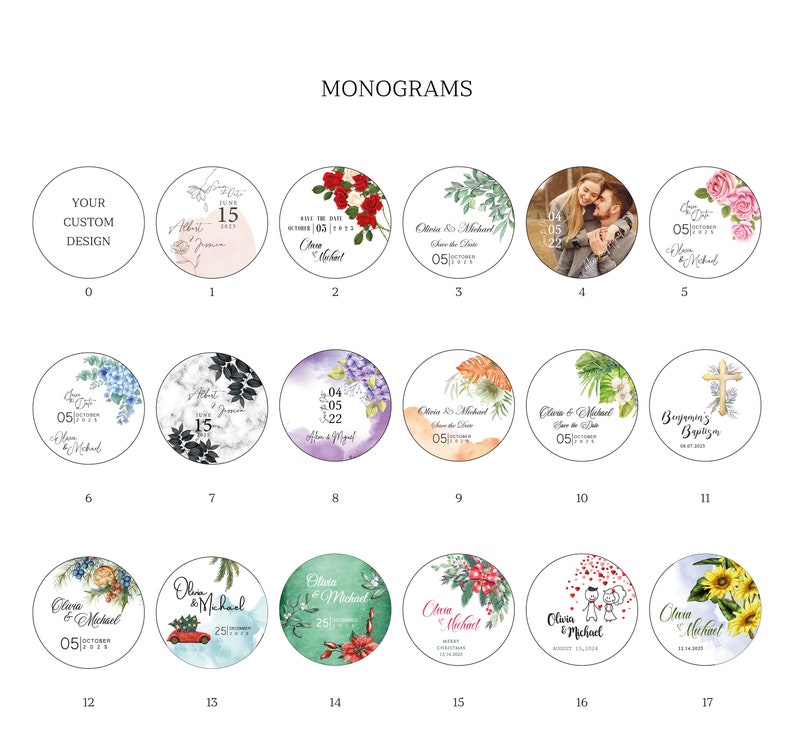 May include: A grid of 17 round, colourful, personalised stickers with various designs, including floral patterns, wedding themes, and a baptism theme. The stickers are perfect for adding a personal touch to gifts, favours, or other items.