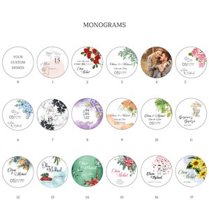 Peut inclure: Divers mod&egrave;les de monogrammes circulaires pour mariages et &eacute;v&eacute;nements sp&eacute;ciaux. Chaque design pr&eacute;sente des compositions florales, des photos ou du texte personnalis&eacute;. Les designs incluent des dates, des noms et des &eacute;l&eacute;ments d&eacute;coratifs.