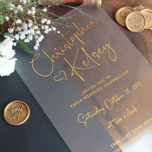 Stunning Wedding Invitation - Gold Foiled Acrylic Invites with Black Envelope Elegant & Stylish Wedding
