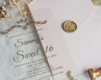 Quinceañera Invitation, Sweet 16 Birthday Invitation, Gold Foil Printed Acrylic Invitation