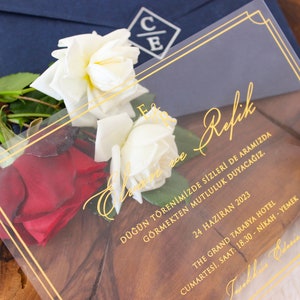 Acrylic Wedding Reception Invitation, Dark Blue Envelope, Gold Foil Invites, Wedding Detail Card and Wax Seal