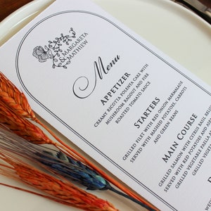 Minimale bruiloft menukaarten, bloemen monogram menu, bruiloft servetten