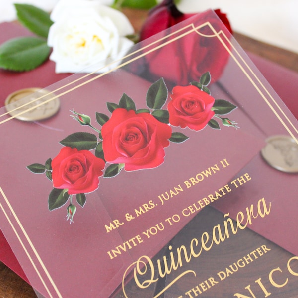 Quinceanera Invitation with Red Roses, Acrylic Burgundy Invitation Envelope, Floral Sweet 16 Invitation, Quinceañera Invite