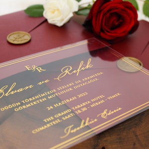 Burgundy Wedding Invitation, Gold Foiled  and Acrylic Invites