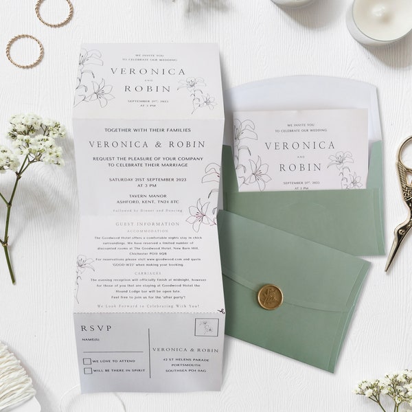 Modern Floral Wedding Invitation, Minimal Trifold Wedding Invites, Envelope and Wax Seal Stickers