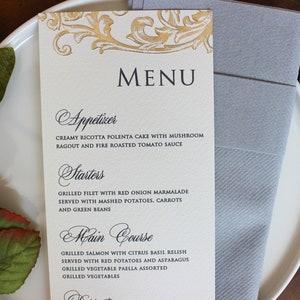 Tarjetas de menú de boda de lujo, menú de lámina dorada, servilletas de boda,