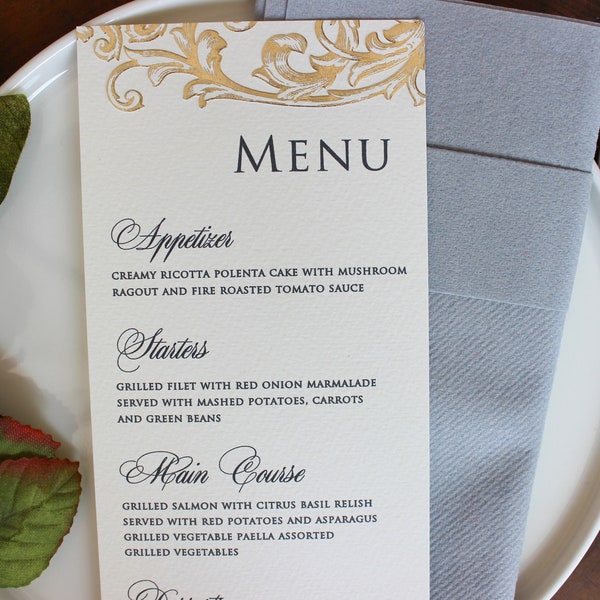 Luxury Wedding Menu Cards, Gold Foil Menu, Wedding Napkins,