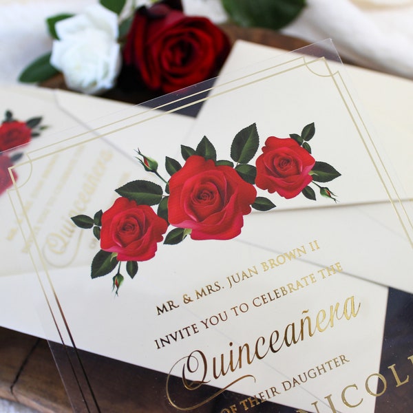 Acrylic Quinceanera Invitation with Red Roses, Floral Sweet 16 Invitation, Quinceañera Invite