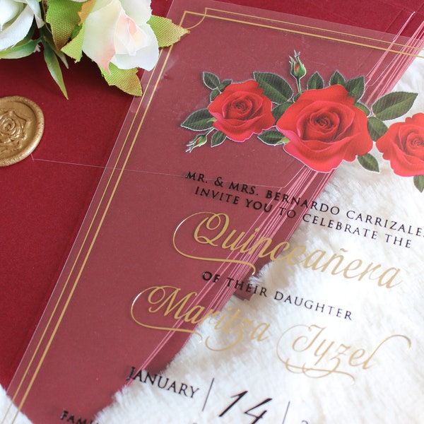 Quinceanera Invitation with Red Roses, Acrylic Burgundy Invitation Envelope, Floral Sweet 16 Invitation, Quinceañera Invite