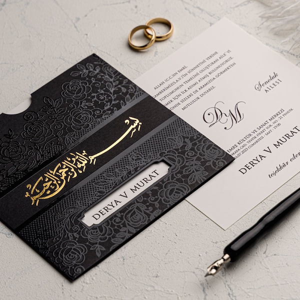 Islamic Wedding Invitation, Arabic Wedding Card, Muslim Custom Wedding Invites with Black Envelope