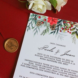 Suite di inviti di nozze invernali, a tema natalizio, busta di Borgogna, sigillo di cera, Rsvp e scheda dettagli